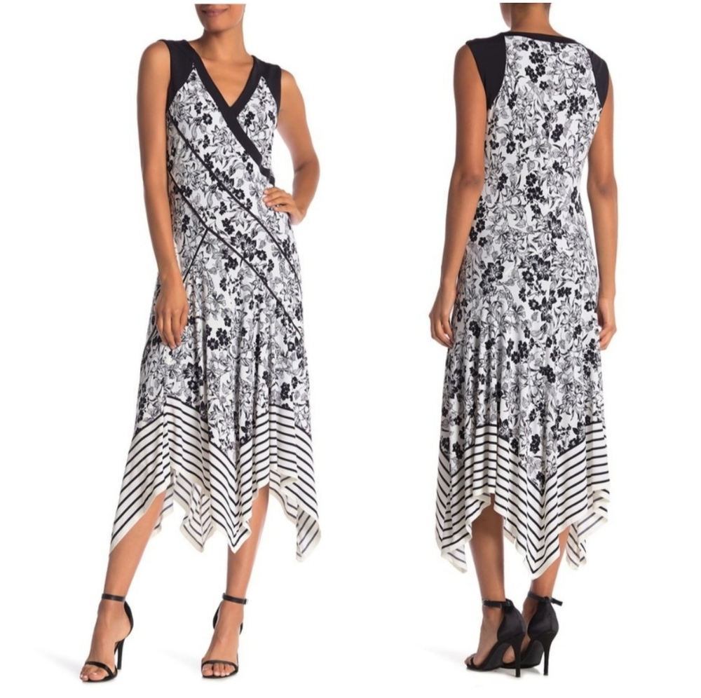 JONES NEW YORK Navy/White Sleeveless Printed Knit Hankerchief Hem Dress Sz 8